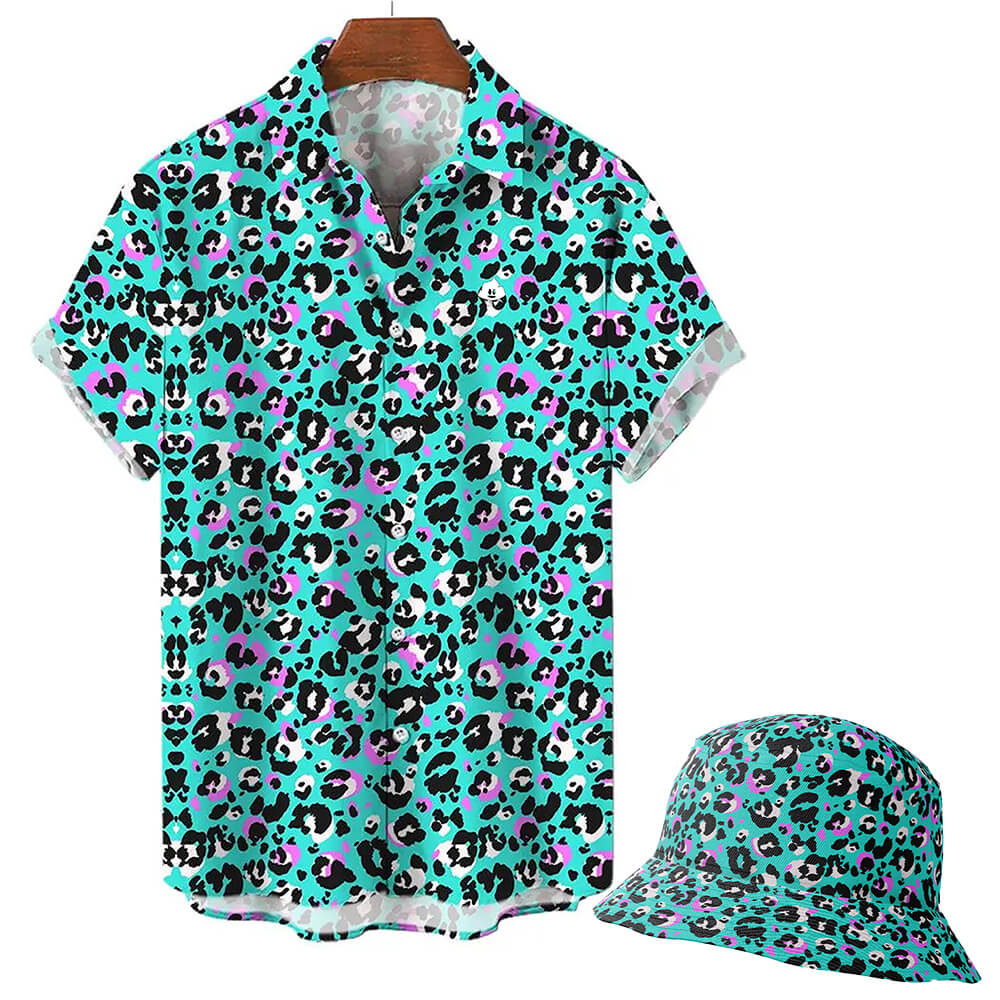 Turquoise Tempest Leopard Print Bucket Hat in vibrant blue, black, purple, and white leopard print, displayed on a wooden hanger with a matching short-sleeve button-up shirt.