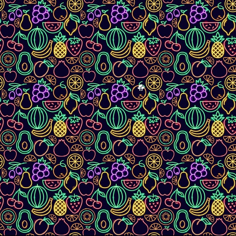 Vivid neon outlines of watermelon, pineapple, grapes, cherries, lemons, and apples form a seamless pattern on the Fluorescent Fruit Fiesta Bucket Hat—a playful unisex accessory for making bold statements.