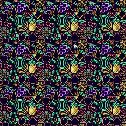 Vivid neon outlines of watermelon, pineapple, grapes, cherries, lemons, and apples form a seamless pattern on the Fluorescent Fruit Fiesta Bucket Hat—a playful unisex accessory for making bold statements.