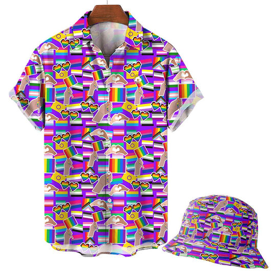 The LGBTQ Pride Shirt features a vibrant pattern of rainbow flags, hearts, clouds, and hands holding pride flags—perfect for showing your colors at any pride parade.