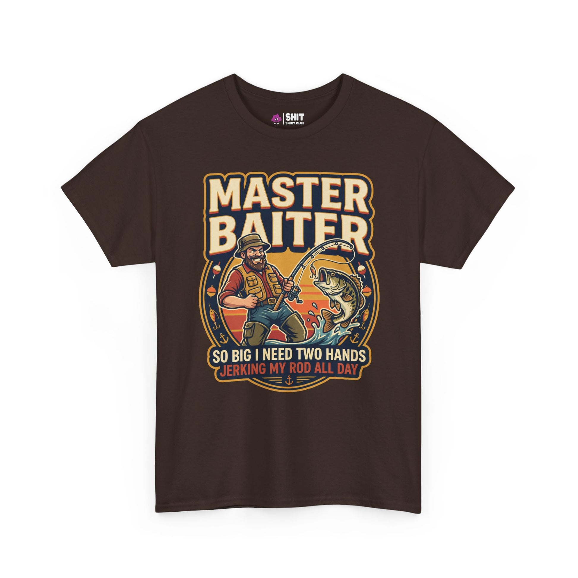 The Master Baiter Rude Fishing Tee showcases a cartoon bearded fisherman reeling in a big catch, with bold “MASTER BAITER” text and a cheeky slogan—a funny, attitude-filled fishing shirt for anglers.