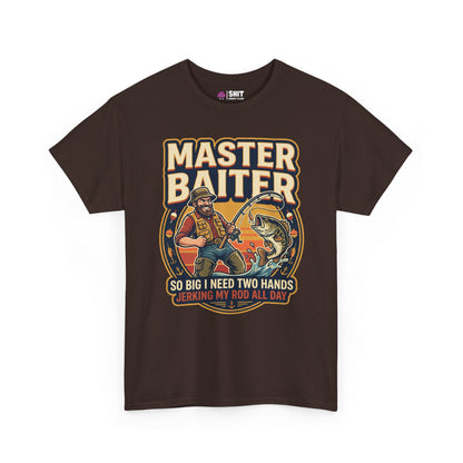 The Master Baiter Rude Fishing Tee showcases a cartoon bearded fisherman reeling in a big catch, with bold “MASTER BAITER” text and a cheeky slogan—a funny, attitude-filled fishing shirt for anglers.