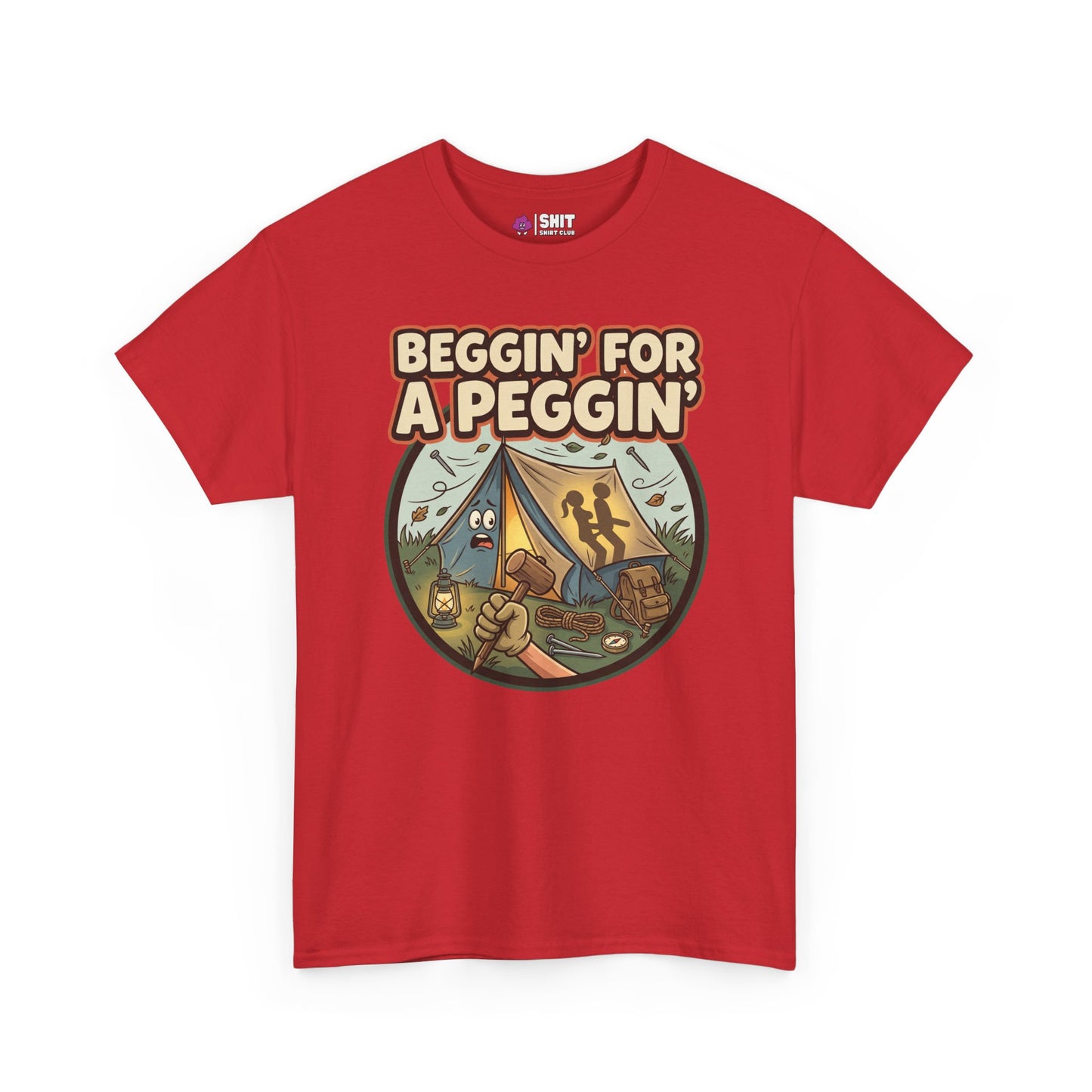 The Beggin' for a Peggin' Camping Tee is a red shirt with a cartoon tent, two people, and camping gear—perfect as a funny gift or bold outfit for adventurous festival friends.