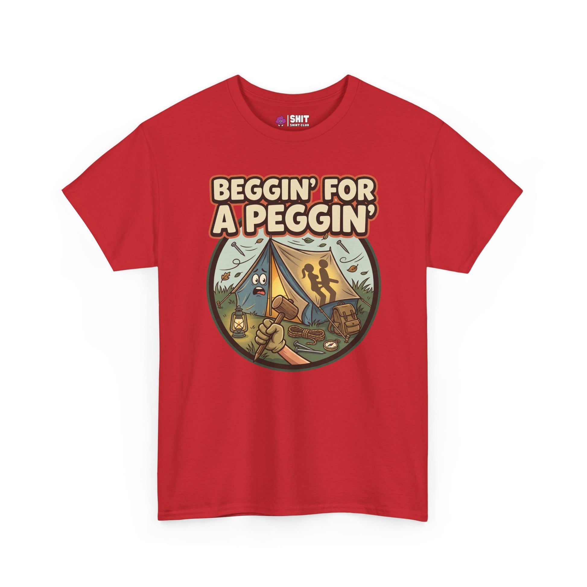 The Beggin' for a Peggin' Camping Tee is a red shirt with a cartoon tent, two people, and camping gear—perfect as a funny gift or bold outfit for adventurous festival friends.