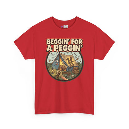 The Beggin' for a Peggin' Camping Tee is a red shirt with a cartoon tent, two people, and camping gear—perfect as a funny gift or bold outfit for adventurous festival friends.