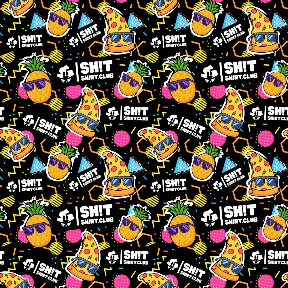 The “Wanna Pizza This Bucket Hat” features a vibrant, repeating pattern of pineapples with sunglasses, pizza slices in bucket hats, tropical drinks, geometric shapes, and “SH!T SHIRT CLUB” logos on a black background.