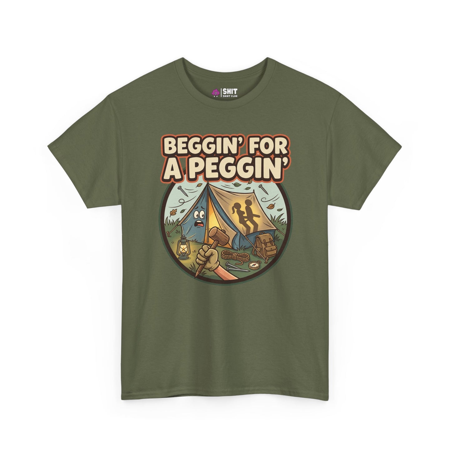 The Beggin' for a Peggin' Camping Tee is an olive green t-shirt with a funny cartoon design, tent silhouettes, campfire, marshmallows, picnic basket, and cheeky text—ideal as a rude gift or for festival outfits.