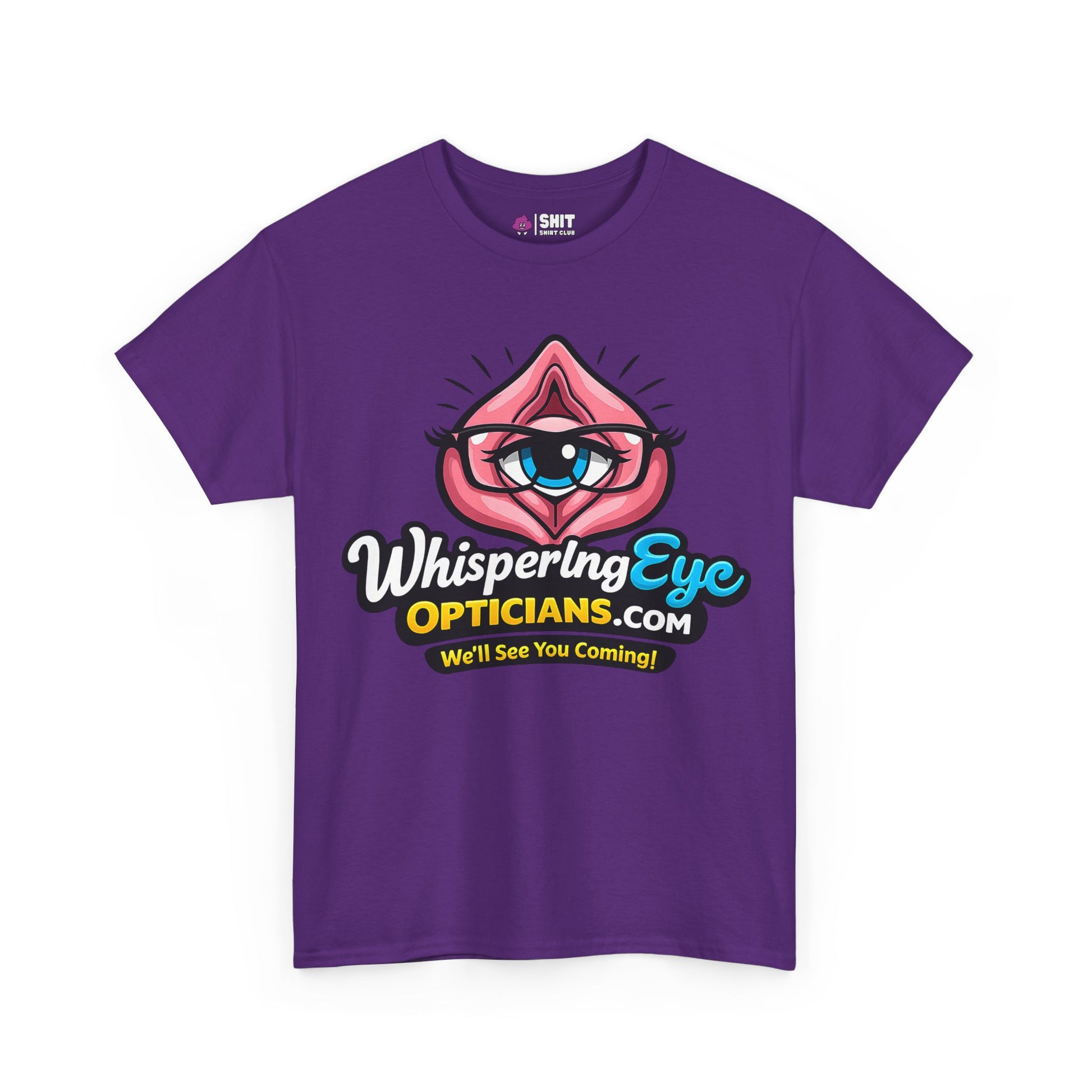 The Whispering Eye Opticians Logo Tee (We'll See You Coming!) is a purple shirt with a blue eye and glasses inside lips, featuring the slogan in colorful fonts—a cheeky, rude T-shirt ideal for stag dos and fun occasions.