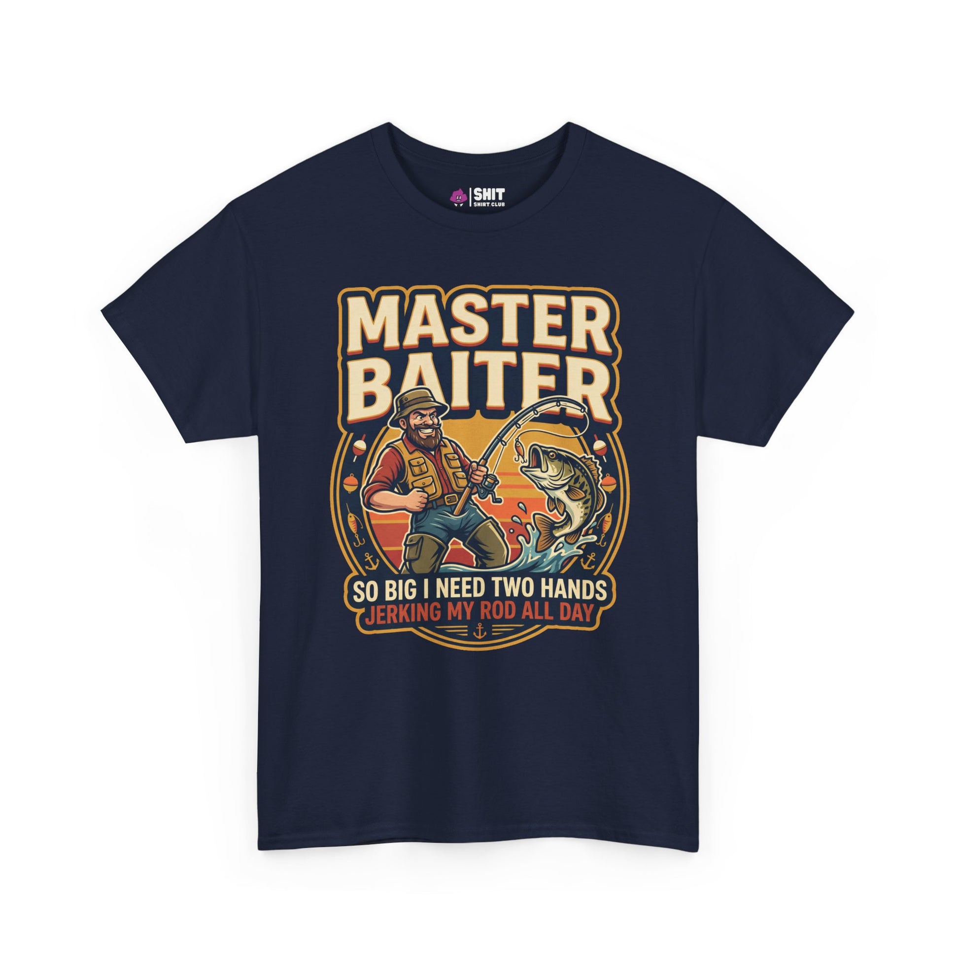 The Master Baiter Rude Fishing Tee is a navy blue shirt with a cartoon man and the text: MASTER BAITER. SO BIG I NEED TWO HANDS. JERKING MY ROD ALL DAY. A hilarious, bold fishing shirt for humor lovers!.