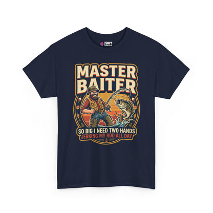 The Master Baiter Rude Fishing Tee is a navy blue shirt with a cartoon man and the text: MASTER BAITER. SO BIG I NEED TWO HANDS. JERKING MY ROD ALL DAY. A hilarious, bold fishing shirt for humor lovers!.