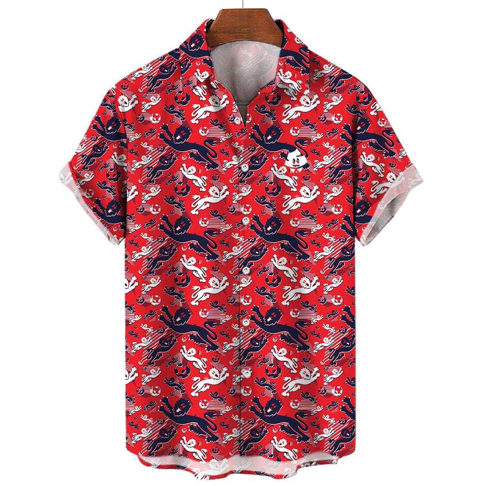 The Red England FC Hawaiian Shirt is a short-sleeved top with a vibrant red background and a repeating pattern of navy blue and white octopuses, shown on a wooden hanger.