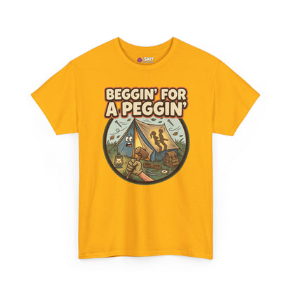 The Beggin' for a Peggin' Camping Tee features a cartoon campsite with two figures in a tent, tents, and mountains on bright yellow fabric. Perfect festival outfit or cheeky gift!.