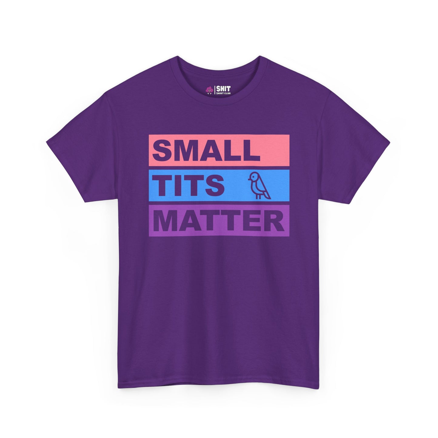 The "Small Tits Matter" Tee features pastel pink, blue, and purple bars with bold text and a bird illustration—ideal as a funny bride tribe or hen do shirt for those who love quirky tees.
