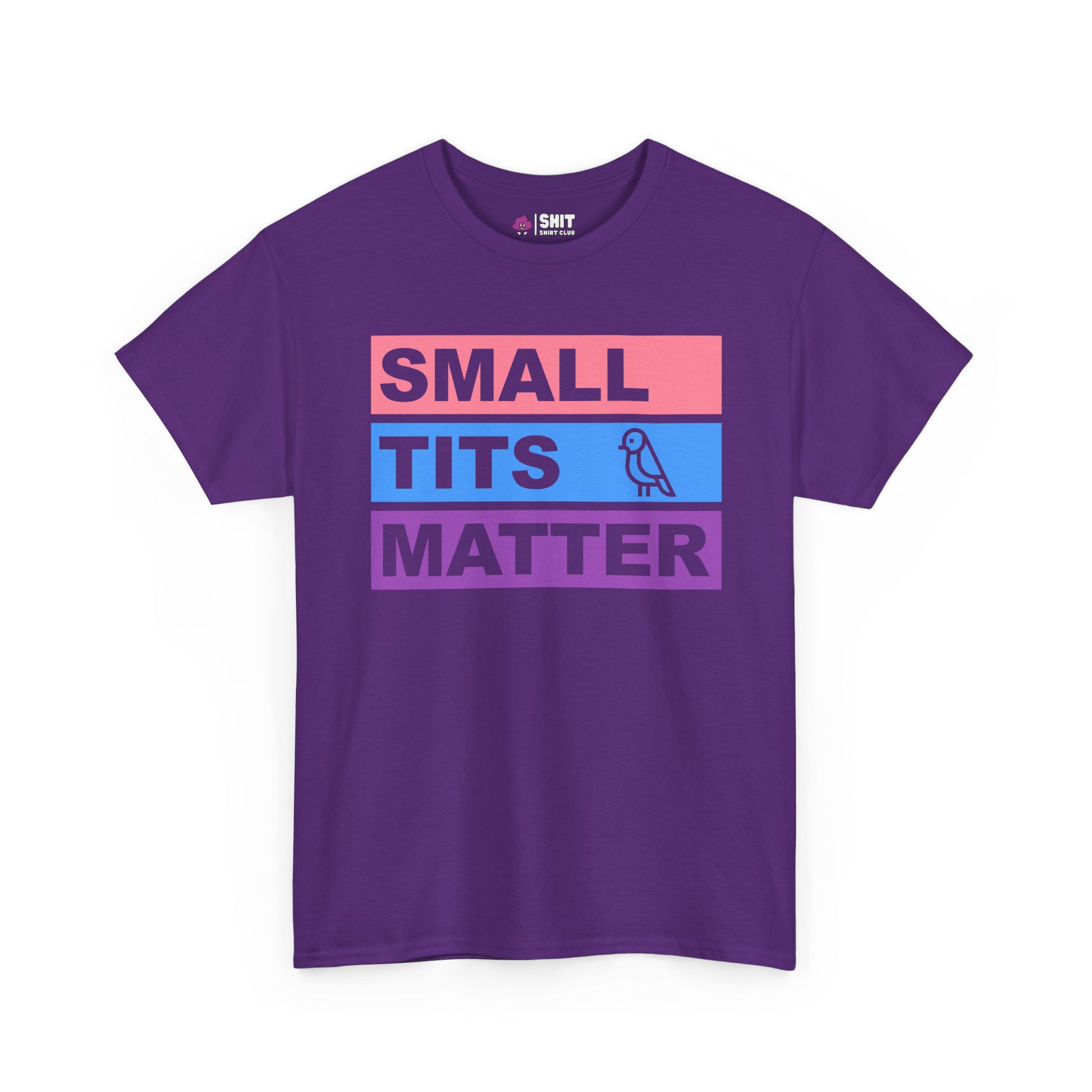 The "Small Tits Matter" Tee features pastel pink, blue, and purple bars with bold text and a bird illustration—ideal as a funny bride tribe or hen do shirt for those who love quirky tees.