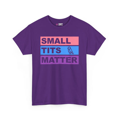 The "Small Tits Matter" Tee features pastel pink, blue, and purple bars with bold text and a bird illustration—ideal as a funny bride tribe or hen do shirt for those who love quirky tees.