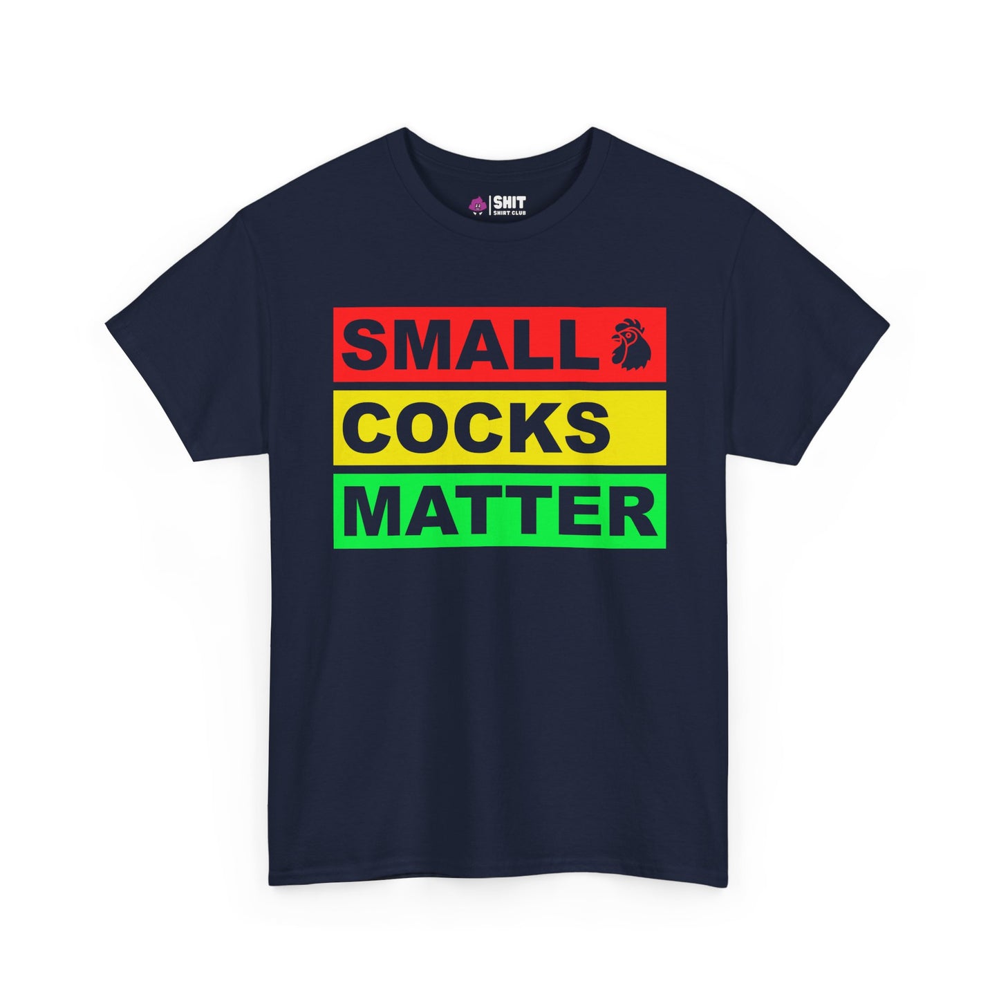 The Small Cocks Matter Stag Do Tee is a funny navy blue body confidence shirt with bold red, yellow, and green boxes plus a rooster icon—perfect for stag do humor or anyone who likes to stand out and keep things lighthearted.
