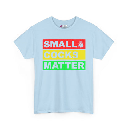 The Small Cocks Matter Stag Do Tee is a light blue shirt with bold, colorful block text and a rooster icon—ideal for stag dos or as a funny body confidence tee for any occasion.