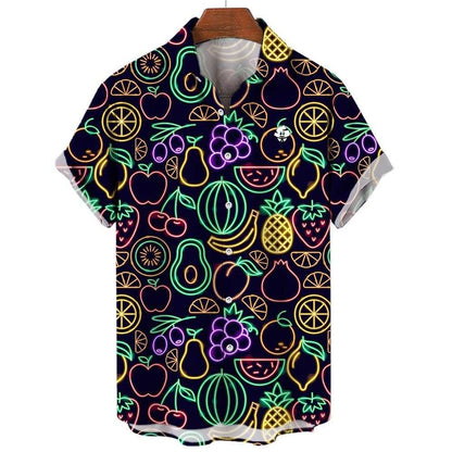 The Fluorescent Fruit Fiesta Shirt is a short-sleeve button-up featuring neon pineapples, watermelons, grapes, lemons, apples, and avocados on a dark background—a vibrant choice for any party. Displayed on a hanger.