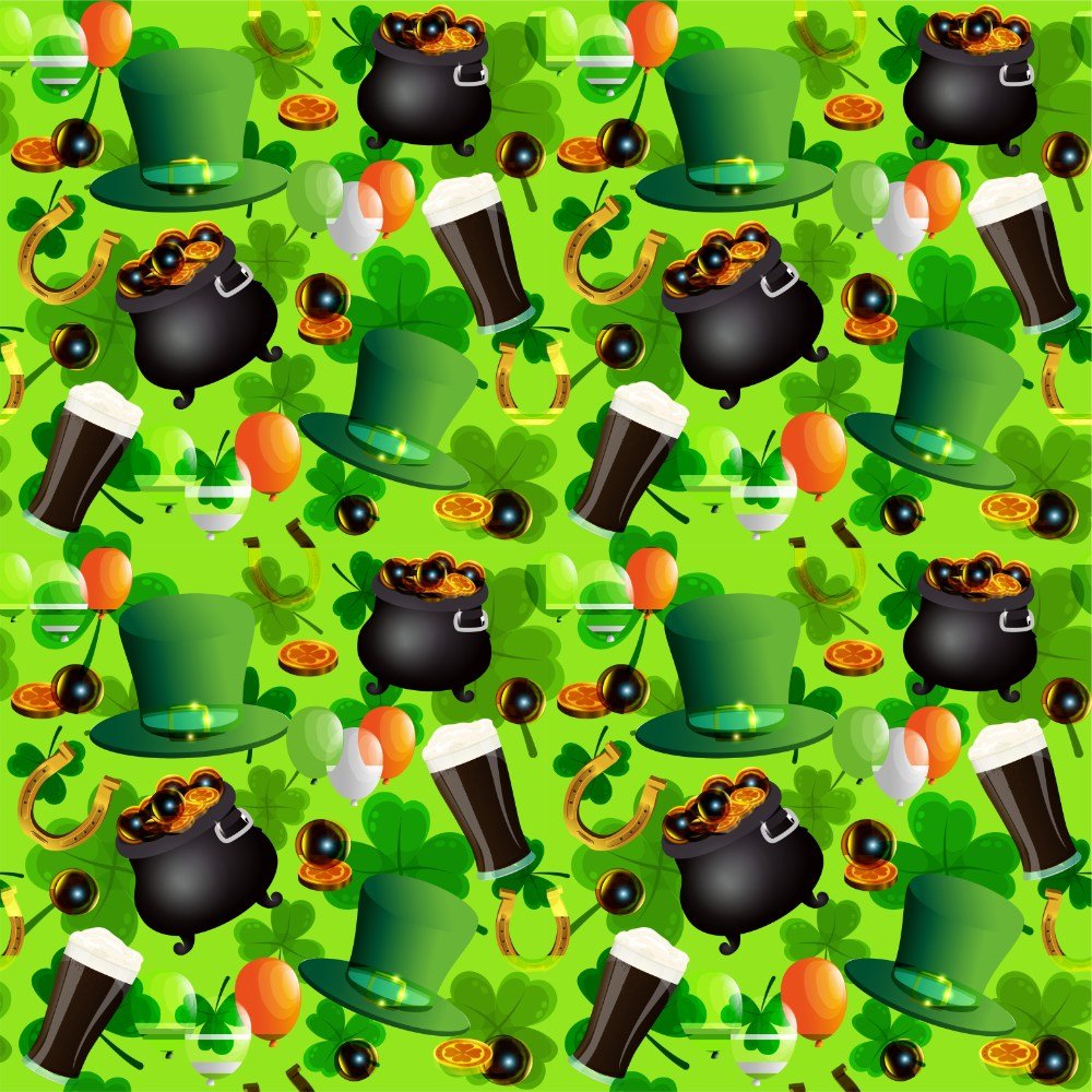Celebrate in style with the St Patrick’s Day Bucket Hat featuring a seamless pattern of green hats, pots of gold, shamrocks, stout glasses, pipes, and gold coins on a bright green background.