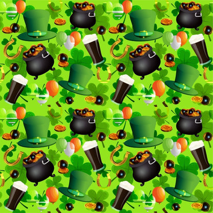 Celebrate in style with the St Patrick’s Day Bucket Hat featuring a seamless pattern of green hats, pots of gold, shamrocks, stout glasses, pipes, and gold coins on a bright green background.