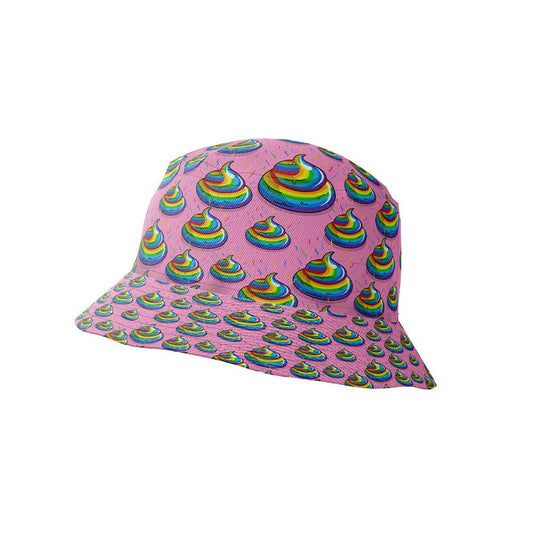 The Unicorn Poo Bucket Hat features a pink design with a repeating rainbow poop emoji pattern on white, making it a fun and playful choice for festivals or any occasion.