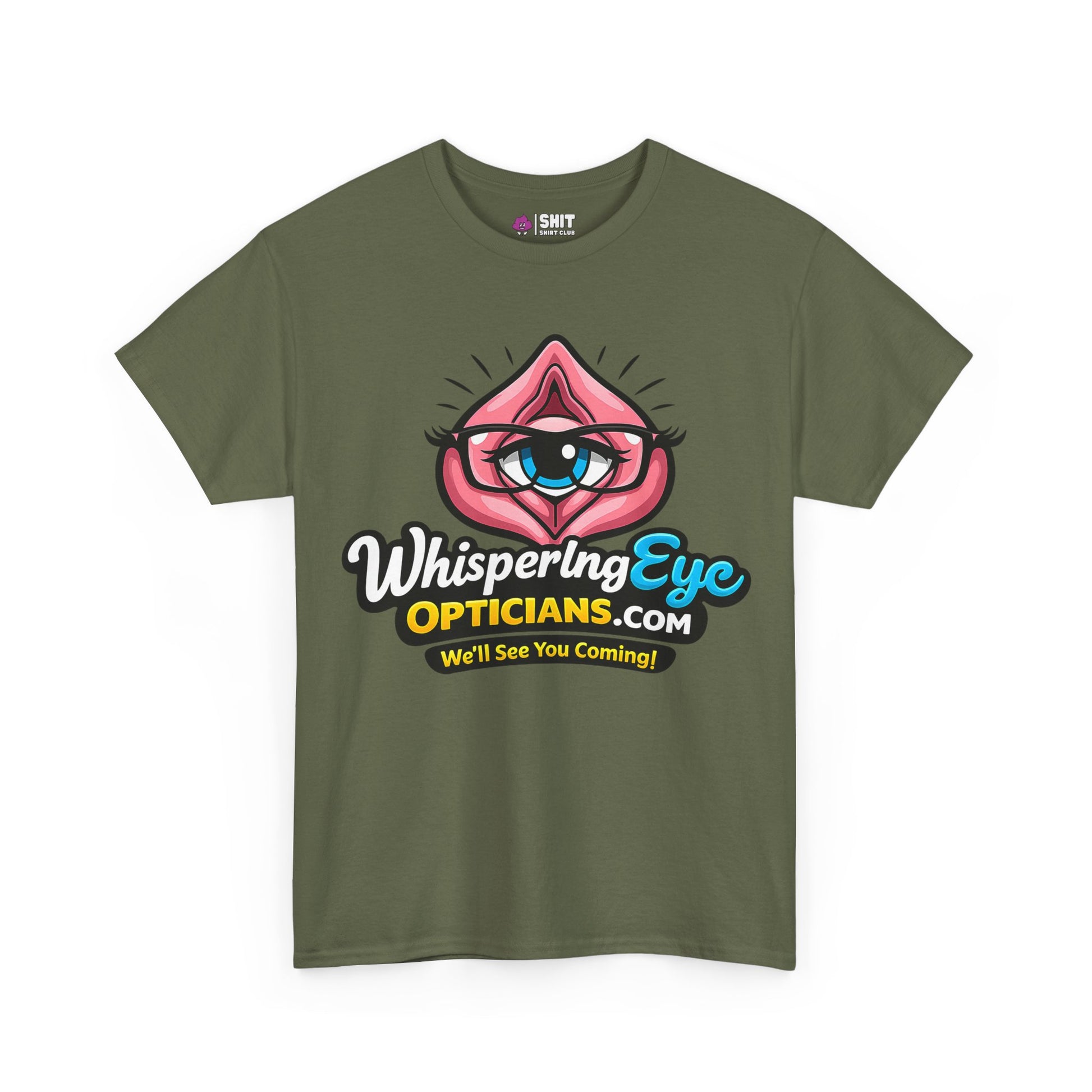 Stand out in the Whispering Eye Opticians Logo Tee (We'll See You Coming!), an olive green stag do shirt with a cartoon eye inside pink lips and bold, colorful text. Perfect for anyone wanting a cheeky, fun statement piece.