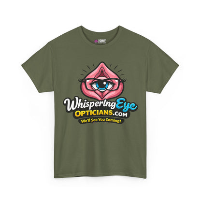 Stand out in the Whispering Eye Opticians Logo Tee (We'll See You Coming!), an olive green stag do shirt with a cartoon eye inside pink lips and bold, colorful text. Perfect for anyone wanting a cheeky, fun statement piece.