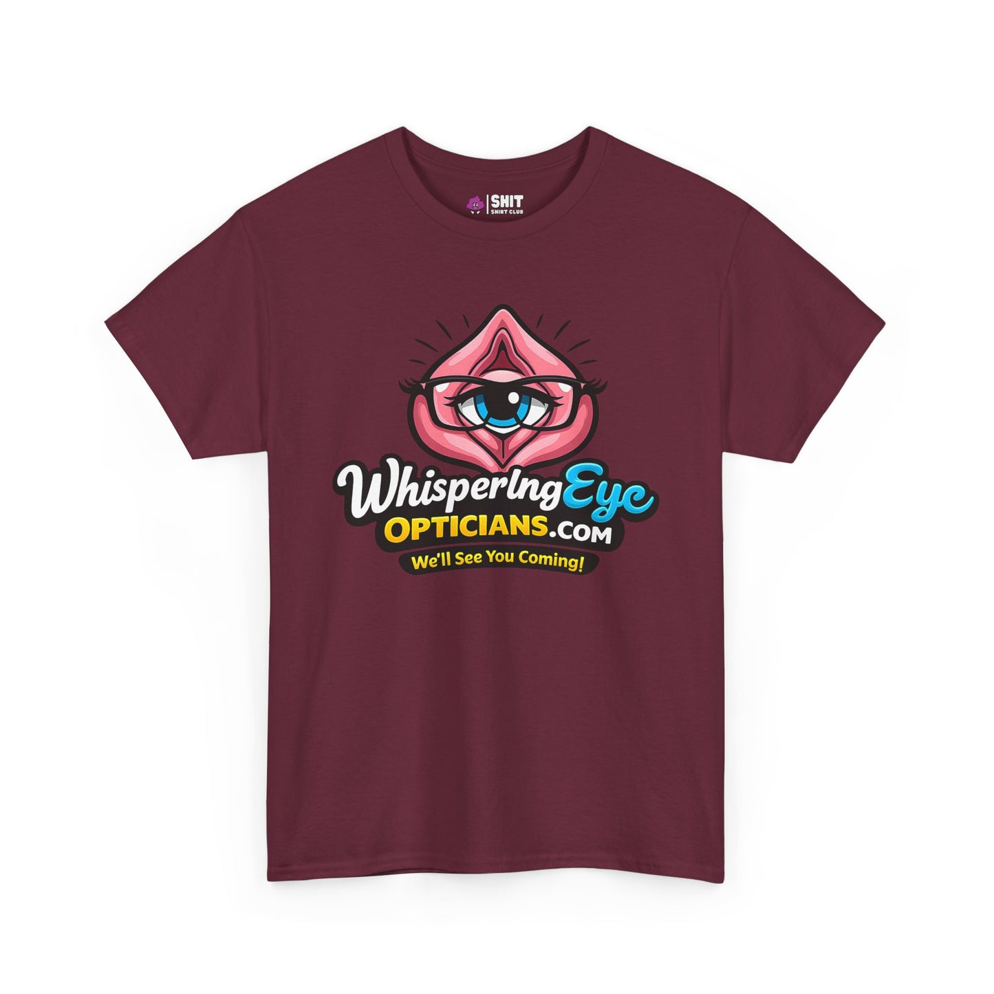 The Whispering Eye Opticians Logo Tee (We'll See You Coming!) is a maroon stag do shirt featuring a cartoon eye in pink lips with playful slogans, making it a cheeky and fun choice for your party.
