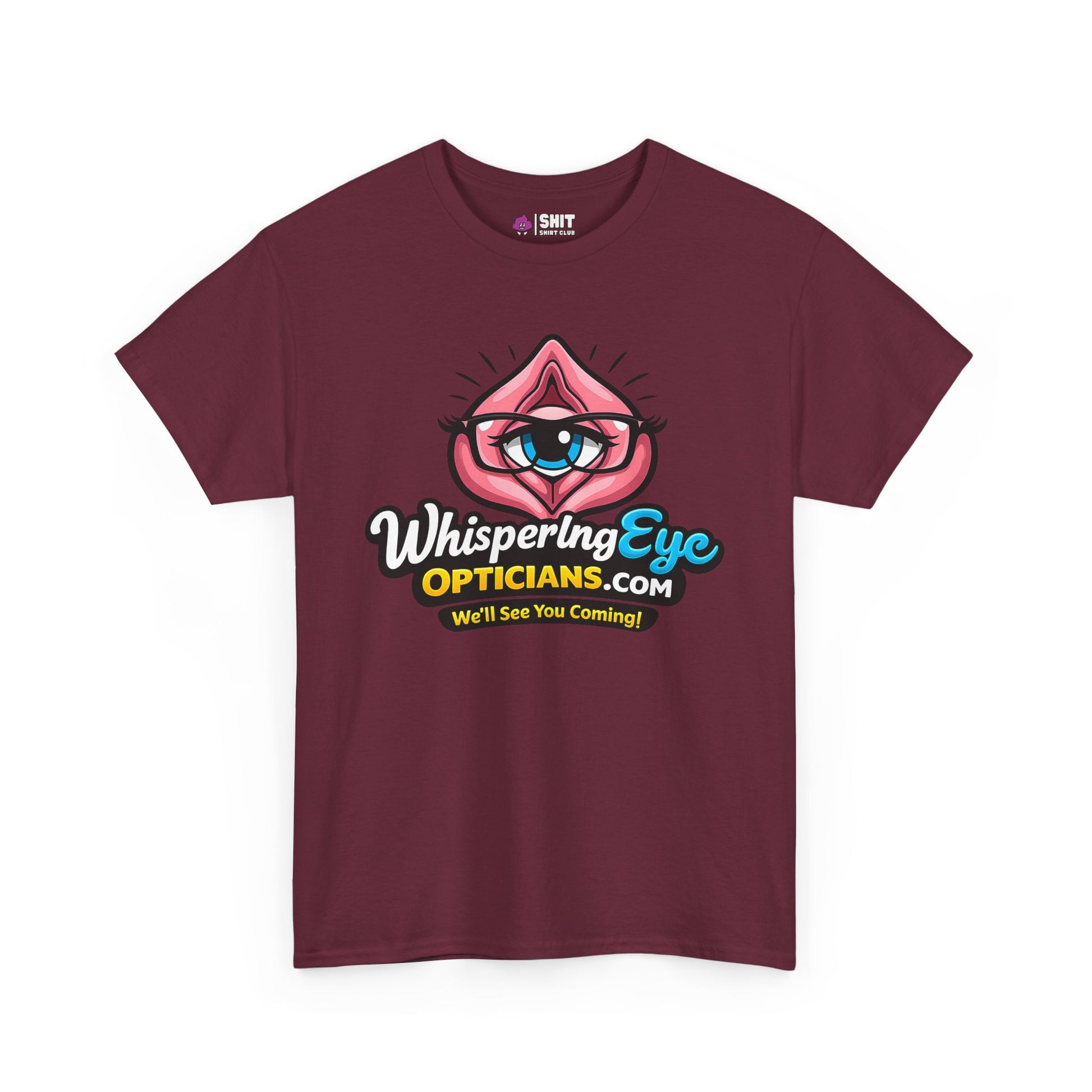 The Whispering Eye Opticians Logo Tee (We'll See You Coming!) is a maroon stag do shirt featuring a cartoon eye in pink lips with playful slogans, making it a cheeky and fun choice for your party.