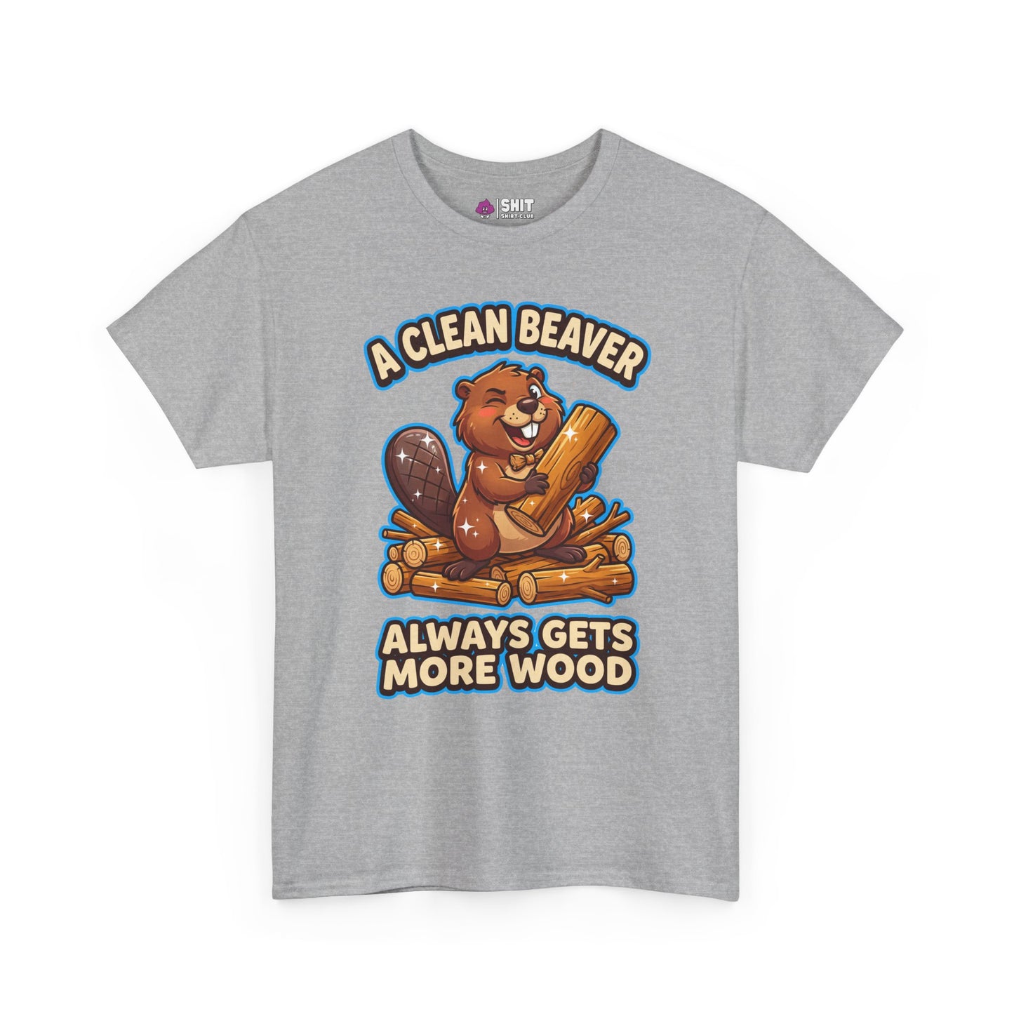 The "A Clean Beaver Always Gets More Wood" Stag Do Tee is a gray shirt with a smiling cartoon beaver holding a log, sitting on logs. Perfect for stag parties, it features the cheeky slogan above and below the design.