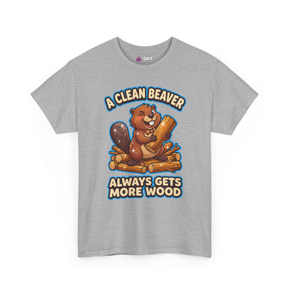 The "A Clean Beaver Always Gets More Wood" Stag Do Tee is a gray shirt with a smiling cartoon beaver holding a log, sitting on logs. Perfect for stag parties, it features the cheeky slogan above and below the design.