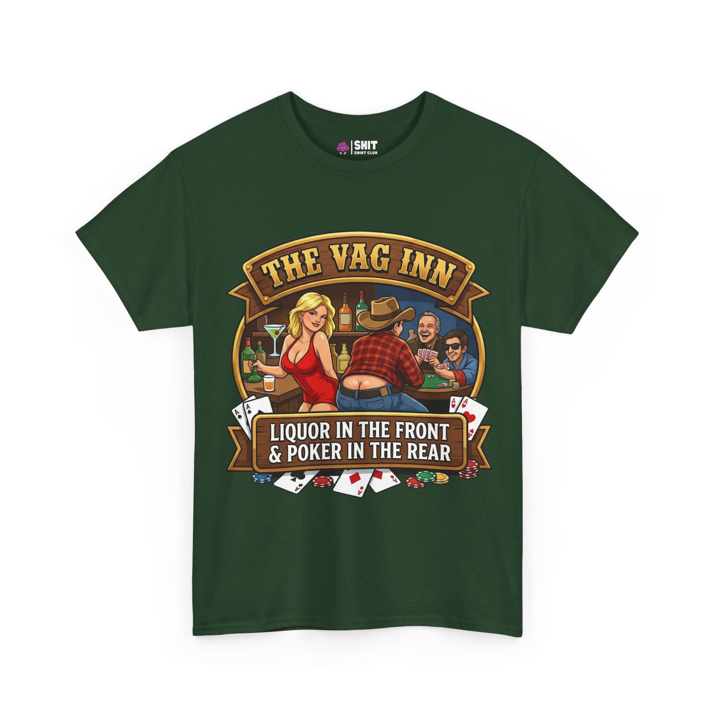 The Vag Inn "Liquor in the Front & Poker in the Rear" Tee is a green unisex stag party shirt featuring cartoon friends playing cards and playful text—ideal for your next stag do.