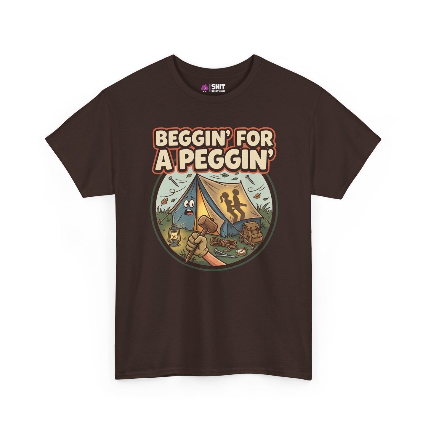 The Beggin' for a Peggin' Camping Tee is a dark brown shirt with cartoon marshmallows, a tent, campfire, and cheeky text—great for festivals or as a funny, rude camping gift.