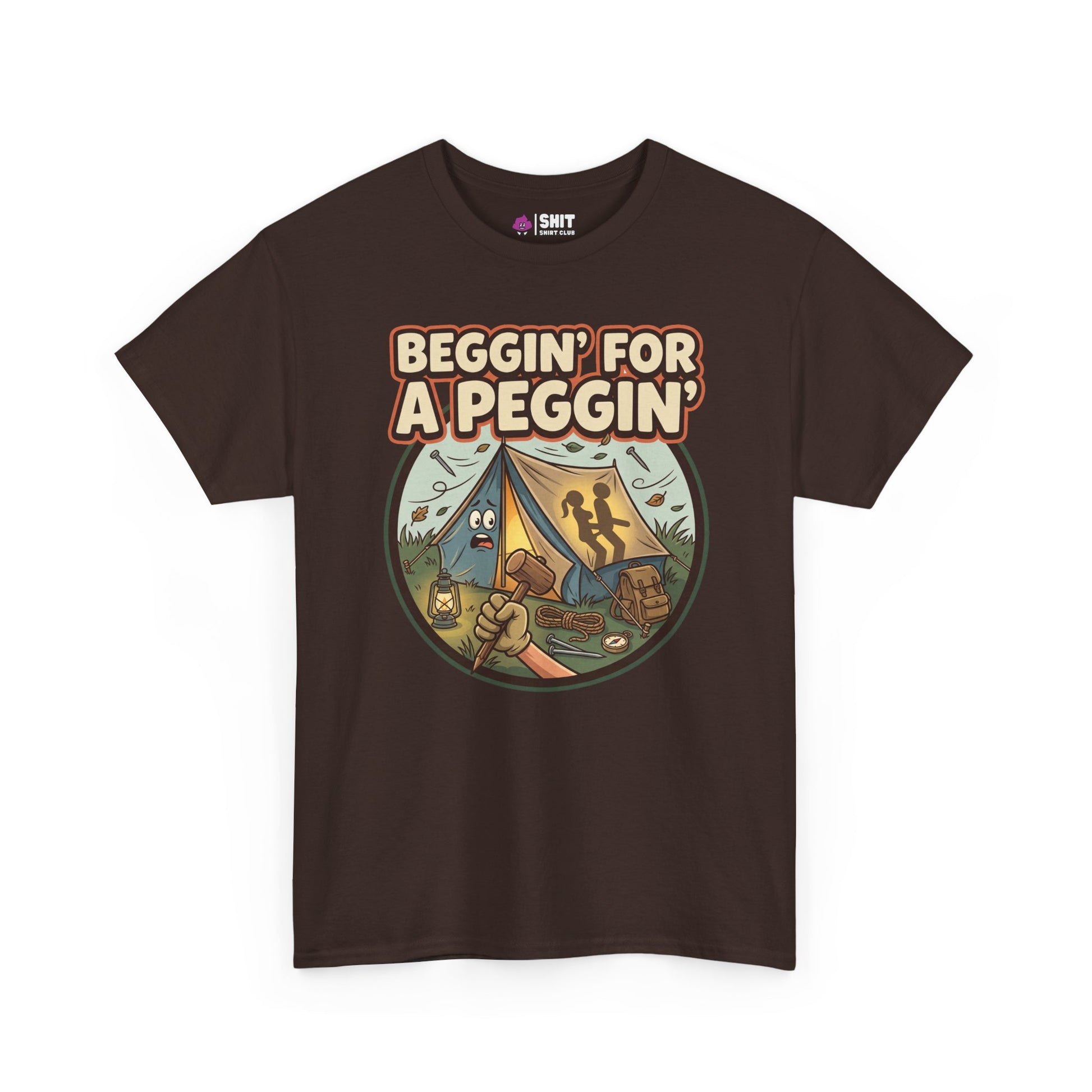 The Beggin' for a Peggin' Camping Tee is a dark brown shirt with cartoon marshmallows, a tent, campfire, and cheeky text—great for festivals or as a funny, rude camping gift.