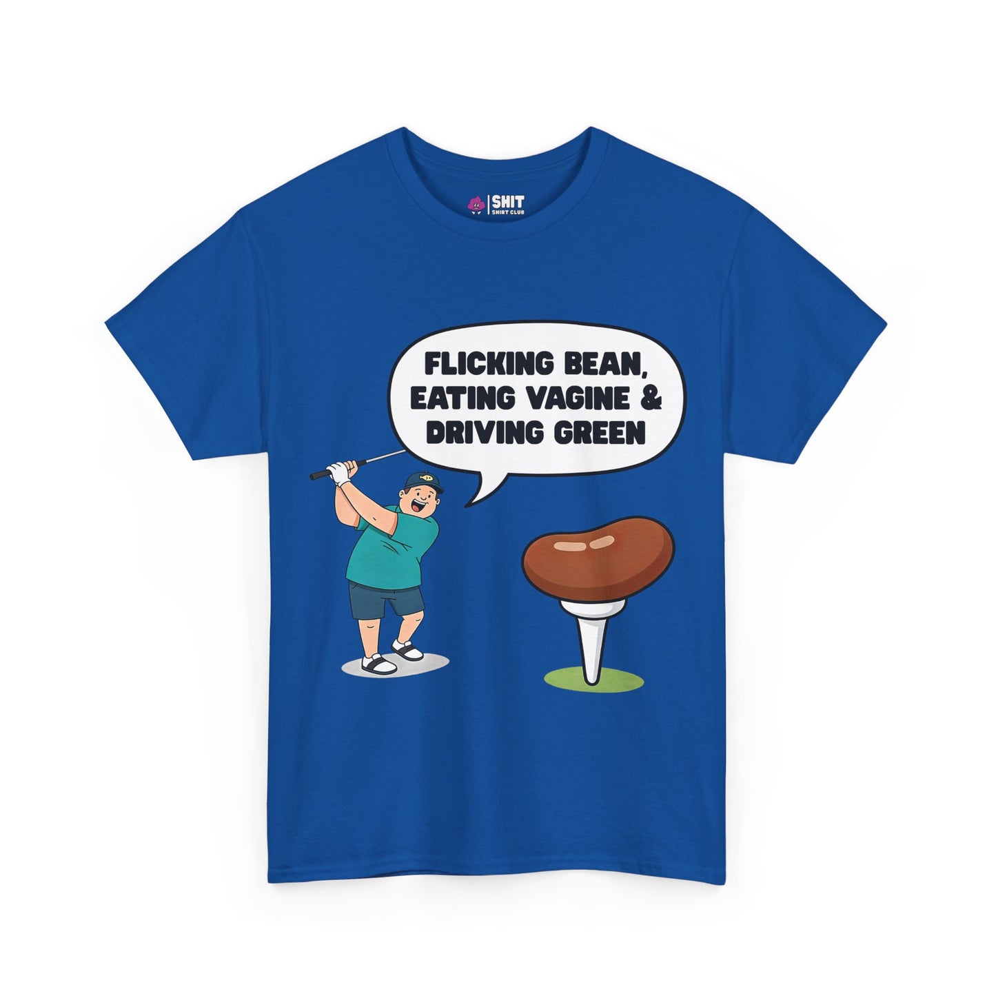 The "Flicking Bean, Eating Vagine & Driving Green" Tee is a bold and funny golf shirt featuring a cartoon man, perfect for stag dos. Its cheeky slogan is guaranteed to get laughs both on and off the course.
