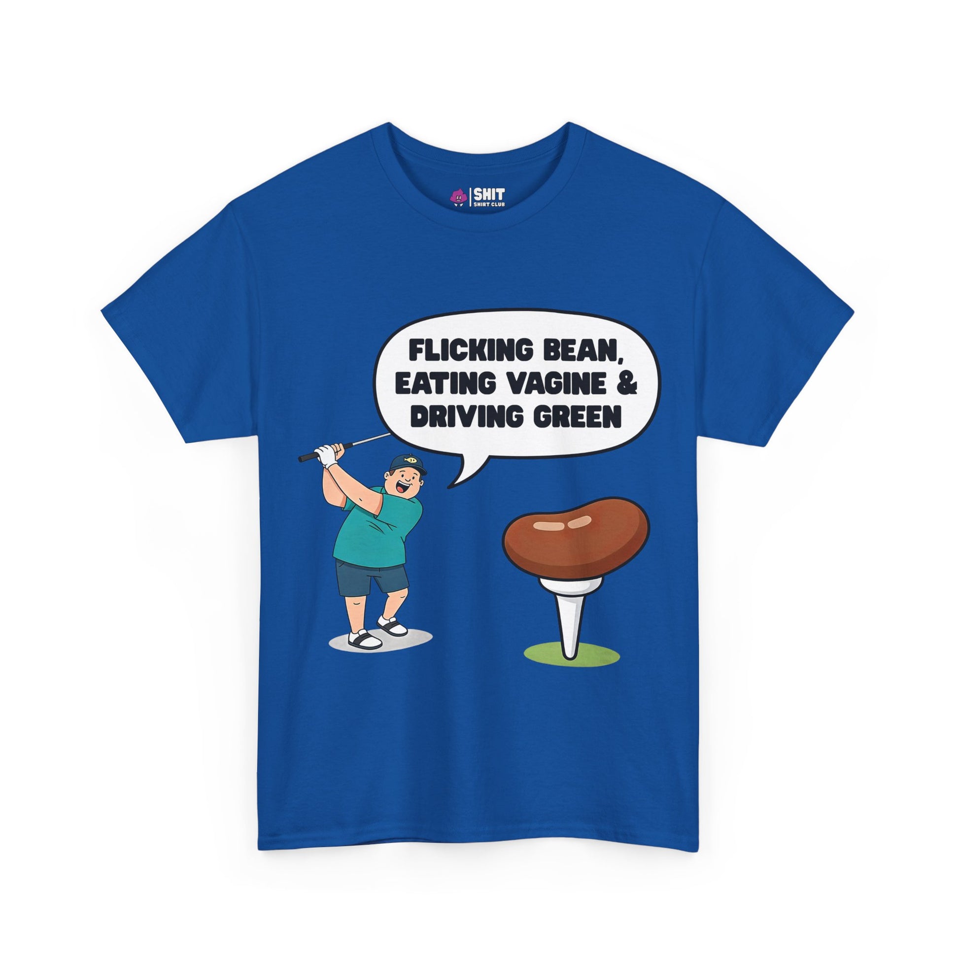 The "Flicking Bean, Eating Vagine & Driving Green" Tee is a bold and funny golf shirt featuring a cartoon man, perfect for stag dos. Its cheeky slogan is guaranteed to get laughs both on and off the course.