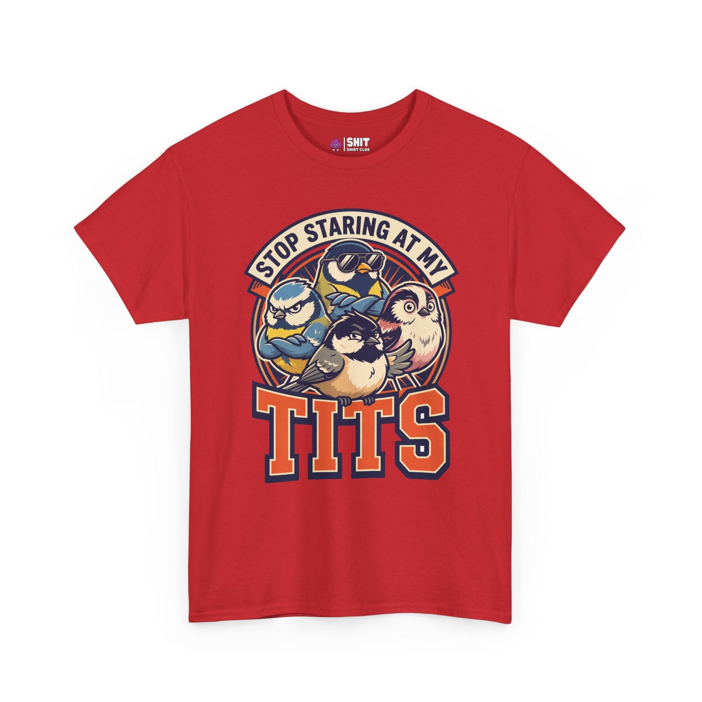 The “Stop Staring at My Tits” Stag Do Tee is a red t-shirt with cartoon tit birds and bold text, ideal as a funny stag do outfit or groom gift.