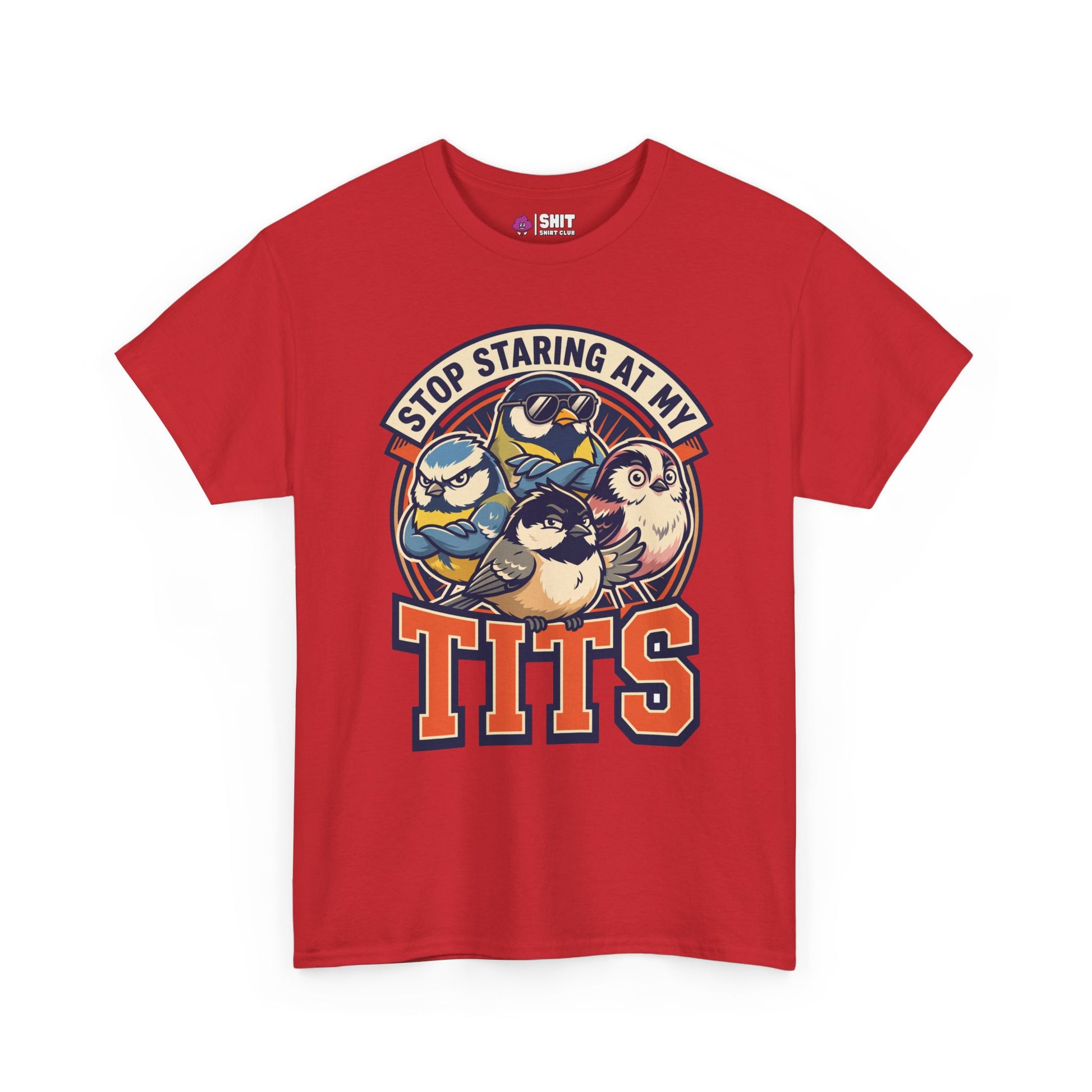 The “Stop Staring at My Tits” Stag Do Tee is a red t-shirt with cartoon tit birds and bold text, ideal as a funny stag do outfit or groom gift.