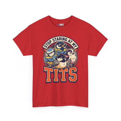 The “Stop Staring at My Tits” Stag Do Tee is a red t-shirt with cartoon tit birds and bold text, ideal as a funny stag do outfit or groom gift.