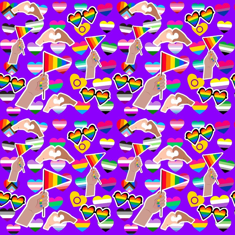 A seamless pattern on a purple background featuring hands holding pride flags, rainbow hearts, heart-shaped sunglasses, and LGBTQ Pride Bucket Hats, plus colorful LGBTQ+ symbols in bright, vibrant hues.