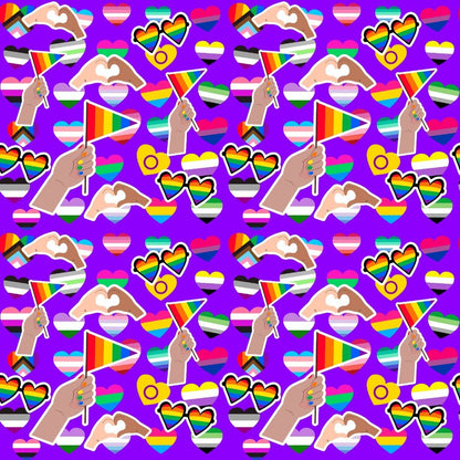 A seamless pattern on a purple background featuring hands holding pride flags, rainbow hearts, heart-shaped sunglasses, and LGBTQ Pride Bucket Hats, plus colorful LGBTQ+ symbols in bright, vibrant hues.