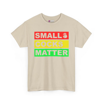 The Small Cocks Matter Stag Do Tee is a beige t-shirt featuring bold red, yellow, and green block text with a rooster icon, ideal for stag do humour and body confidence.