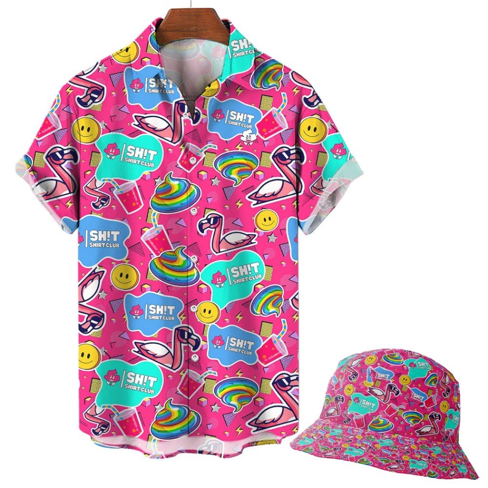 A short-sleeve button-up shirt and the Badass Bucket Hat, both featuring a bright pink background with colorful cartoon graphics—flamingos, rainbows, smiley faces, hearts, and bold “SH!T SHIRT CLUB” text.