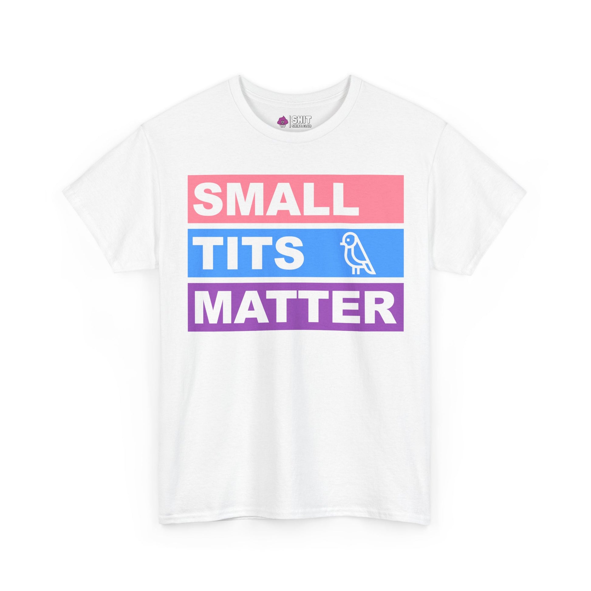 The Small Tits Matter Tee is a playful white shirt with bold pink, blue, and purple text blocks—“TITS” features a simple bird outline. Perfect as a fun hen do tee or for your bride tribe shirt collection!.