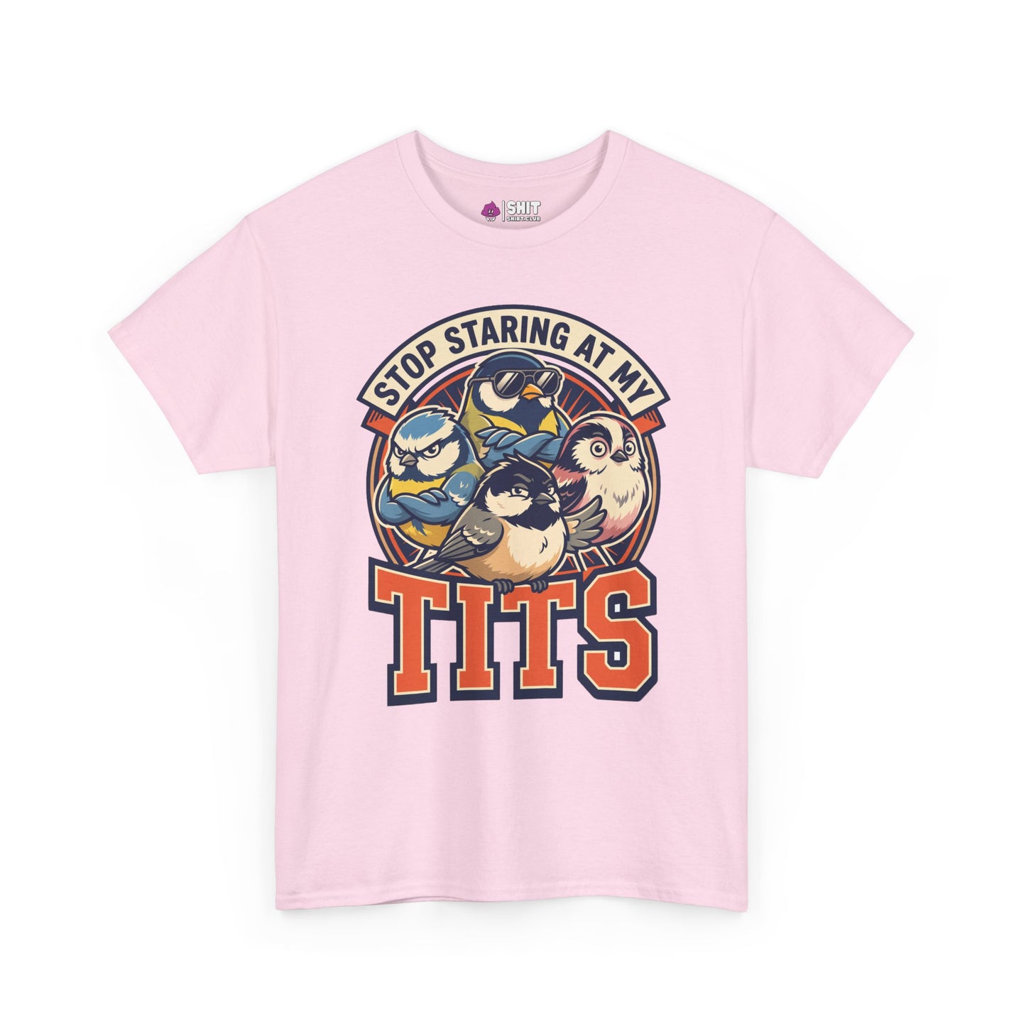 The “Stop Staring at My Tits” Stag Do Tee is a light pink shirt with cartoon birds and bold slogan—perfect as a funny stag do outfit or cheeky gift for the groom.