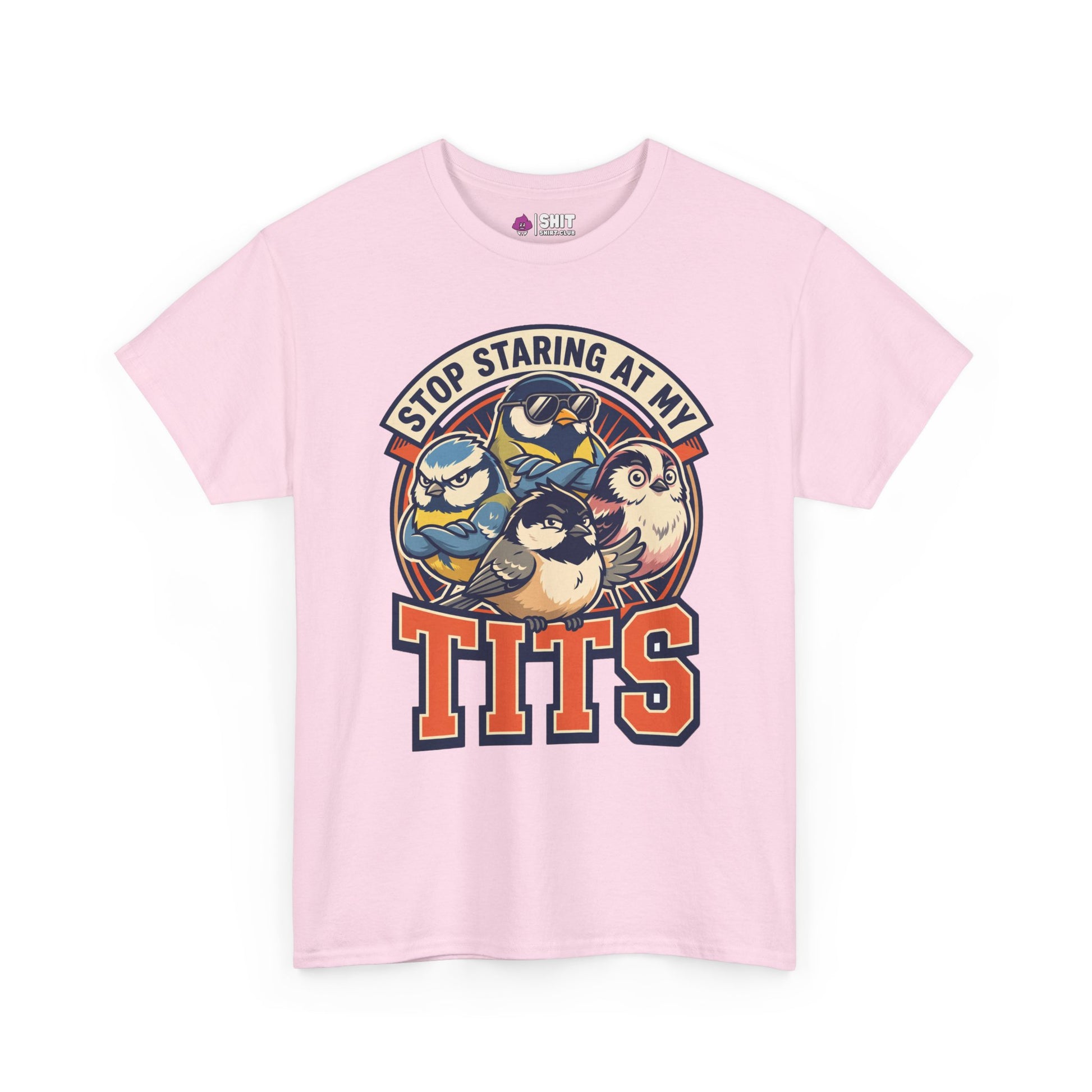 The “Stop Staring at My Tits” Stag Do Tee is a light pink shirt with cartoon birds and bold slogan—perfect as a funny stag do outfit or cheeky gift for the groom.