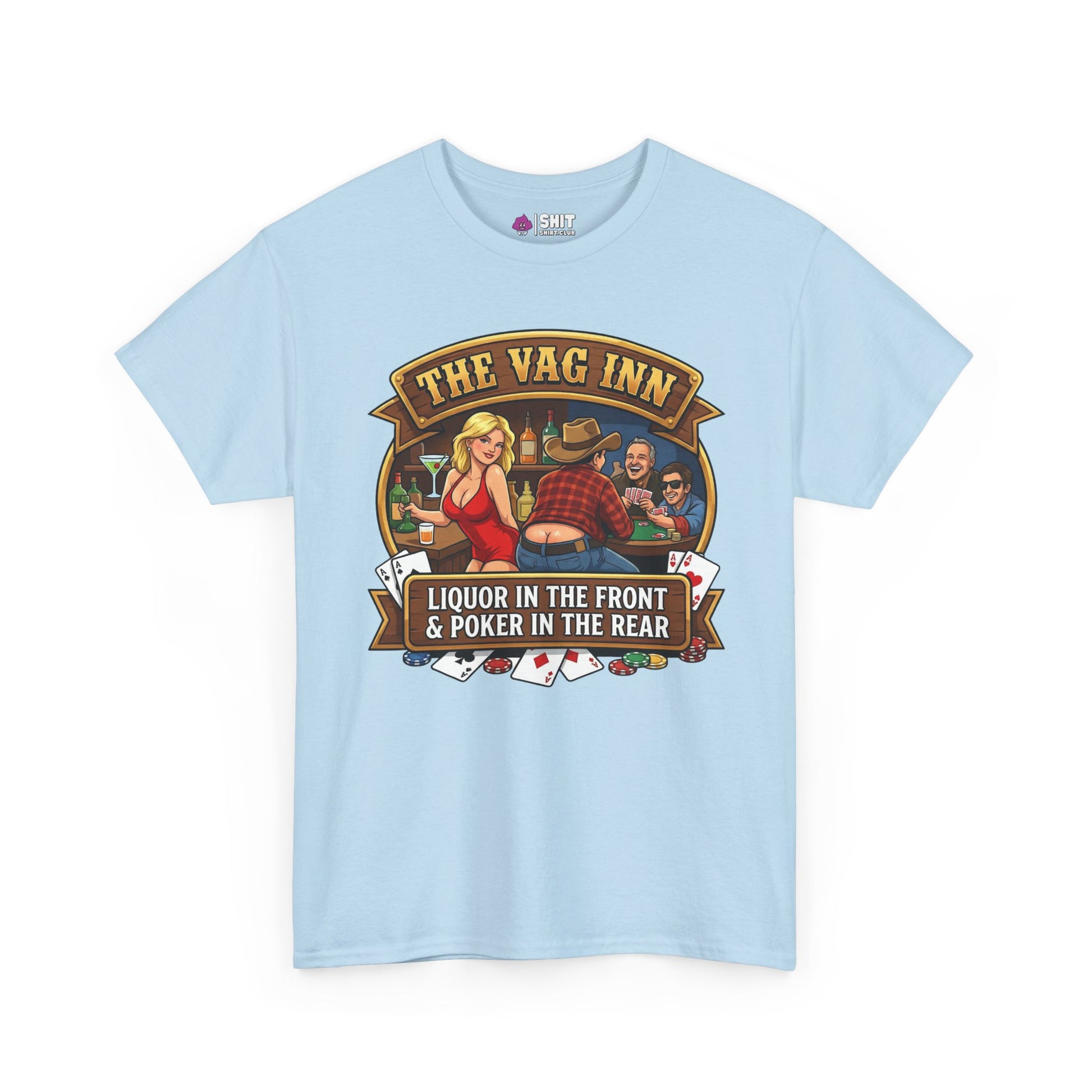 The Vag Inn Stag Do Tee is a light blue unisex shirt with an illustrated bar scene—woman in red, two men, and playing cards. Text: THE VAG INN - LIQUOR IN THE FRONT & POKER IN THE REAR. Perfect for stag parties!.