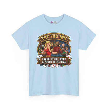 The Vag Inn Stag Do Tee is a light blue unisex shirt with an illustrated bar scene—woman in red, two men, and playing cards. Text: THE VAG INN - LIQUOR IN THE FRONT & POKER IN THE REAR. Perfect for stag parties!.
