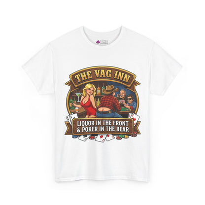 The Vag Inn "Liquor in the Front & Poker in the Rear" Tee features a bold graphic of poker players and a lady in red—perfect for stag dos or your next night out.