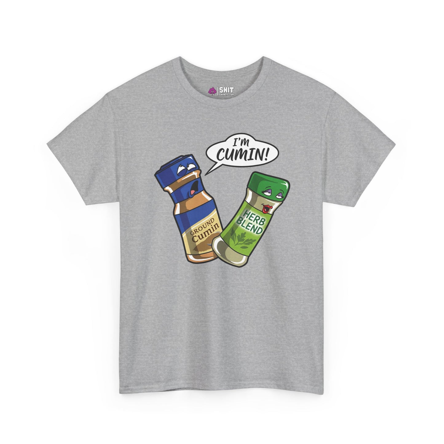 The "I’m Cumin!" Stag Do Tee is a gray shirt with cartoon spice bottles, featuring “Ground Cumin” saying “I’m Cumin!” to a surprised “Herb Blend.” A hilarious choice for group stag do outfits.